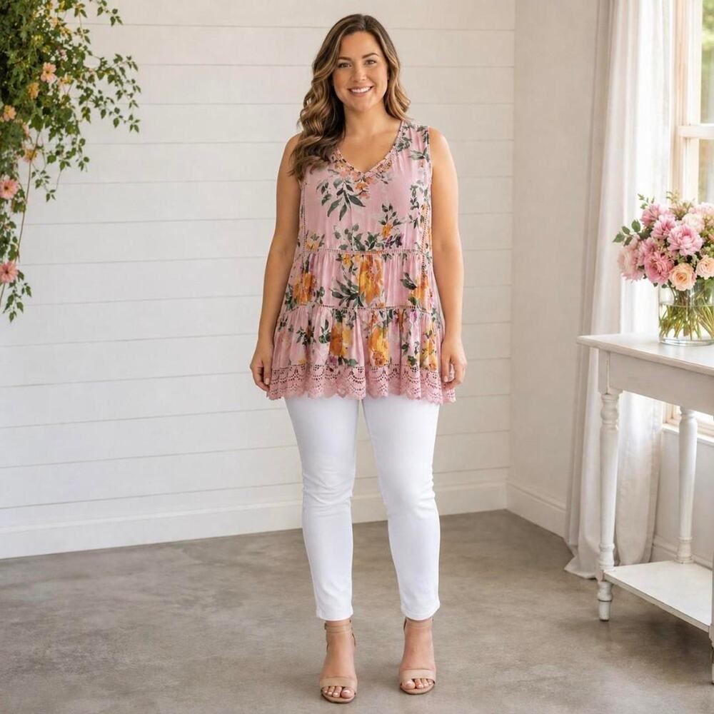 Pretty pink floral tiered tunic shirt - XL